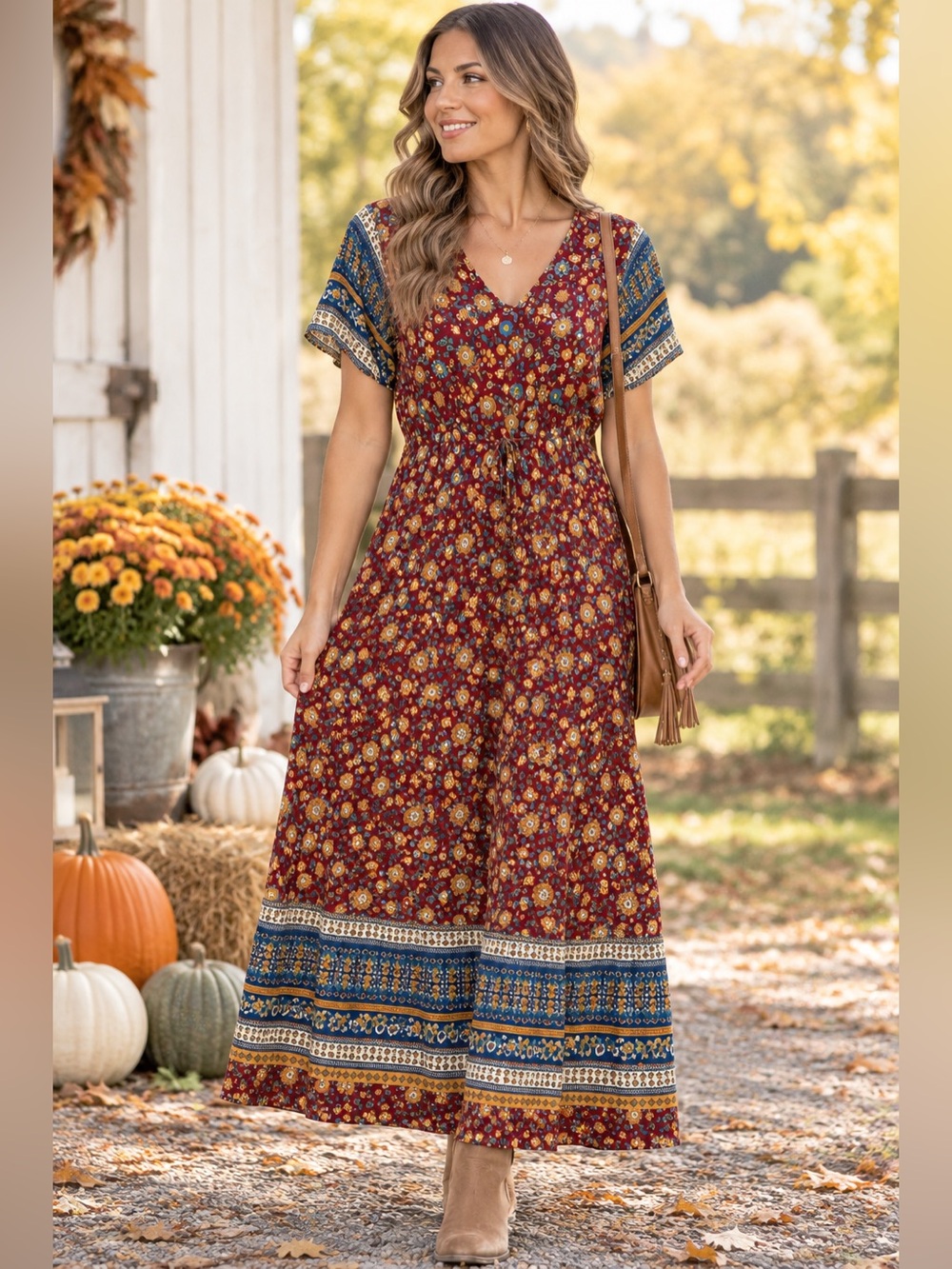 PRETTYGARDEN Maxi Dress Womens Med Rust Floral Boho Indie Hippie Resort Cruise